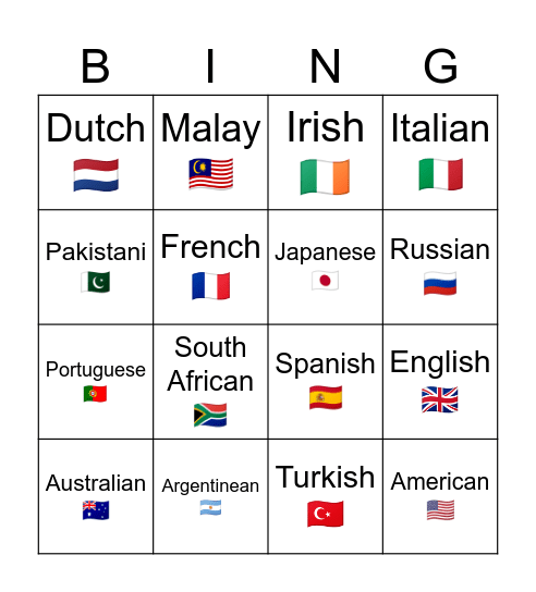 Nationalities Bingo Card