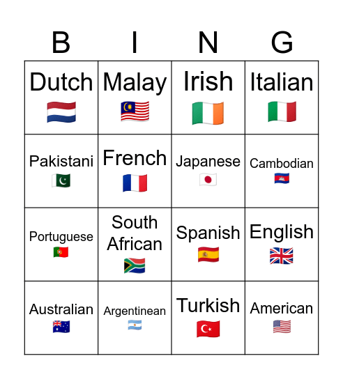 Nationalities Bingo Card