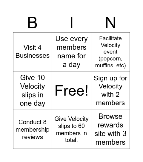 Velocity Bingo! Bingo Card