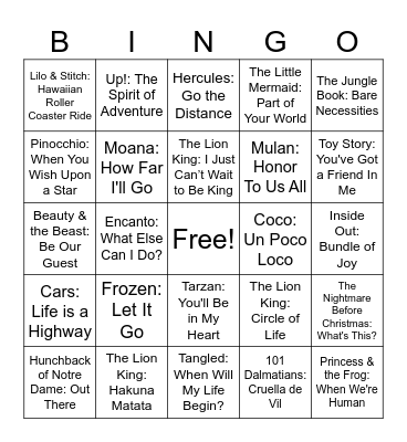 Disney Music Bingo Card