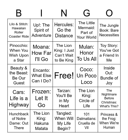 Disney Music Bingo Card