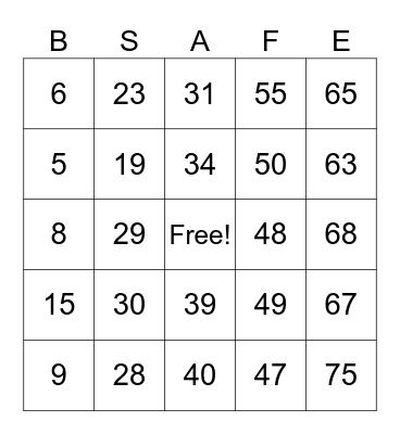 Safety Bingo Card Bingo Card