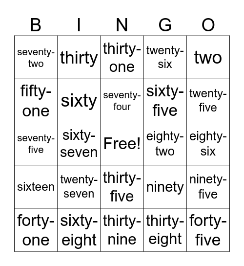 Number Bingo Card