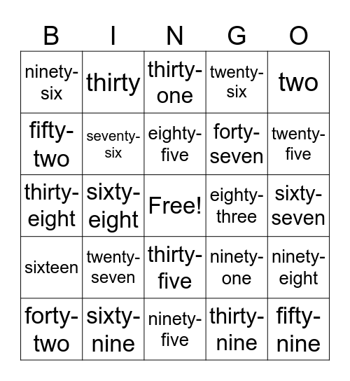 Number Bingo Card