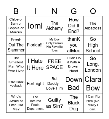 Taylor Swift TTPD Bingo Card