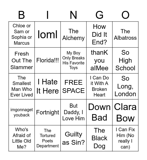 Taylor Swift TTPD Bingo Card