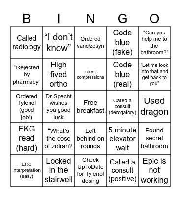 First Day as Doctors Bingo Card