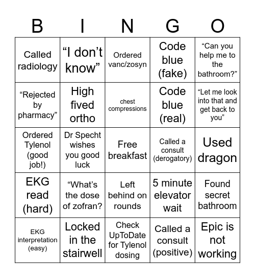 First Day as Doctors Bingo Card