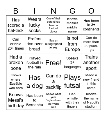 Ertheo Summer Football Camp Bingo Card