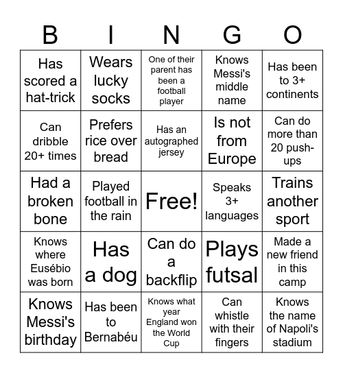 Ertheo Summer Football Camp Bingo Card