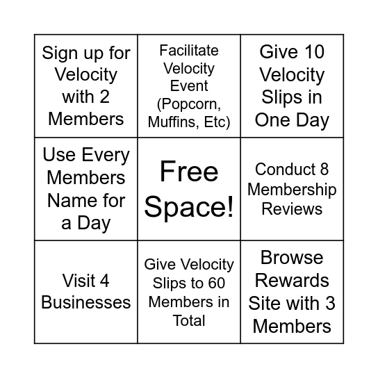 Velocity Bingo! Bingo Card