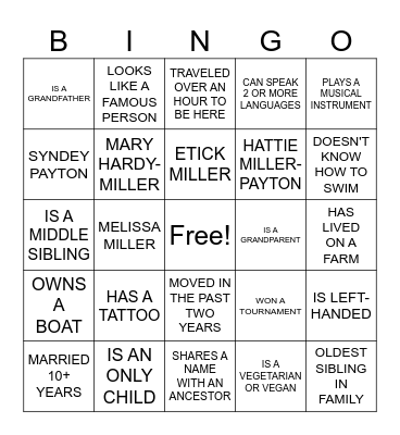 Miller-Payton Family Reunion Bingo - Game 1 Bingo Card