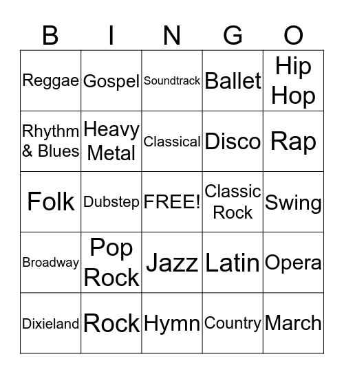 Music Genre Bingo Card