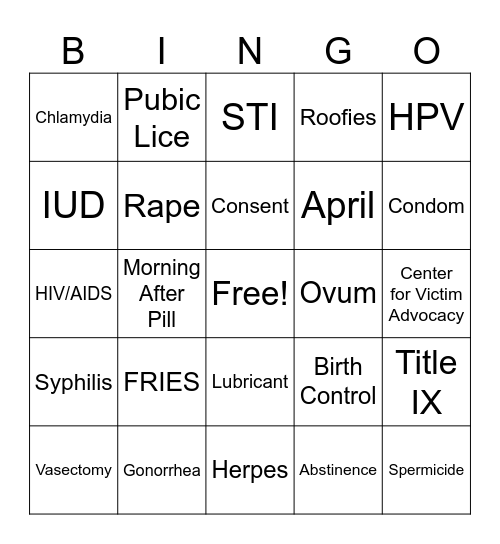 CONDOM BINGO Card