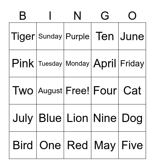 English Bingo Card