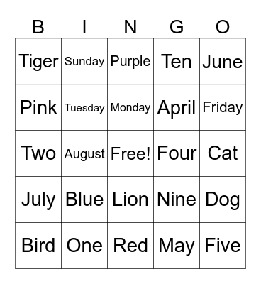 English Bingo Card