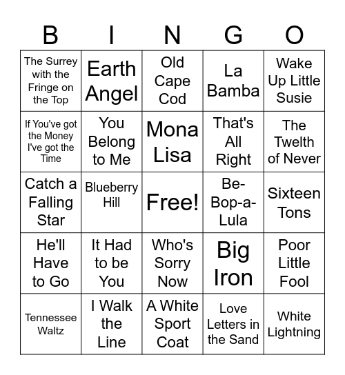 1950's Bingo Card