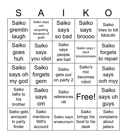 Saiko Bingo Card
