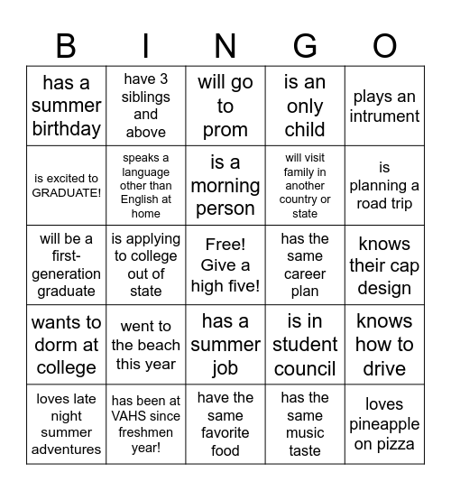 Getting To Know You Bingo Card