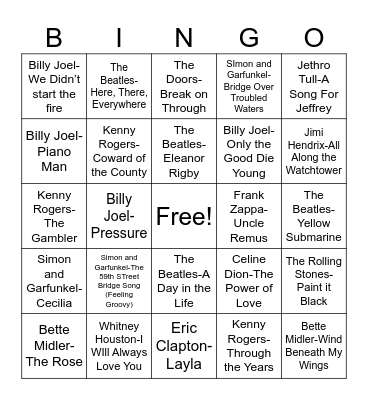 Ron & Jo Music Bingo Card