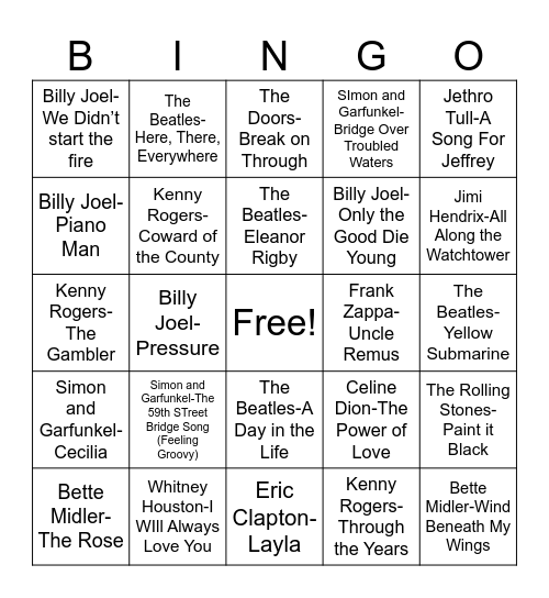 Ron & Jo Music Bingo Card