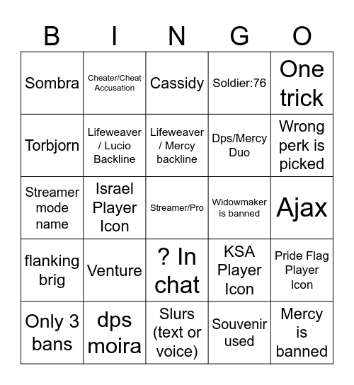 DPS OW ranked bingo (for hero space u must only play that hero for whole game) Bingo Card