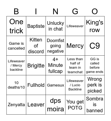 Support OW ranked bingo (for hero space u must play hero for whole game) Bingo Card