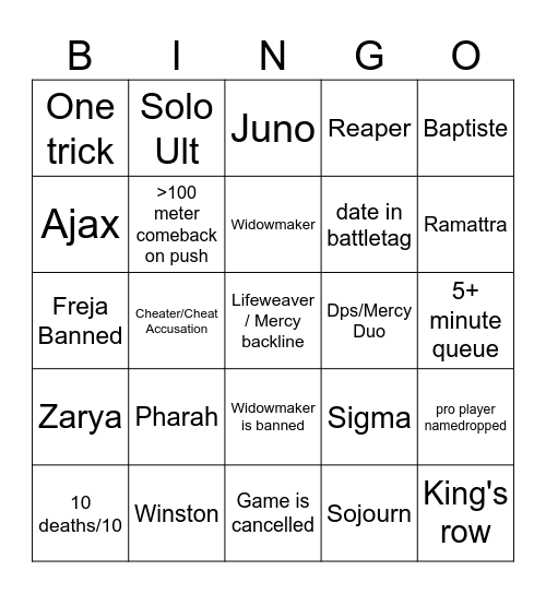 Flex OW ranked bingo (for hero space u must play hero for whole game) Bingo Card