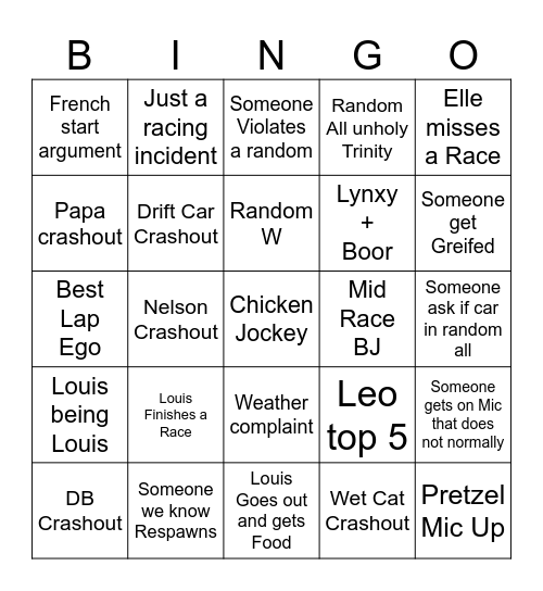 Rando racing Bingo Card