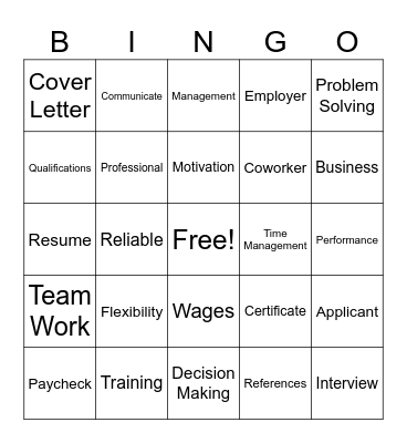 Work Readiness Bingo Card