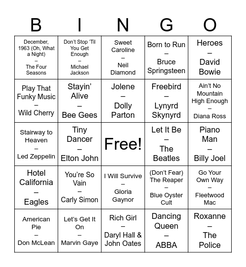 70's Baby Bingo Card