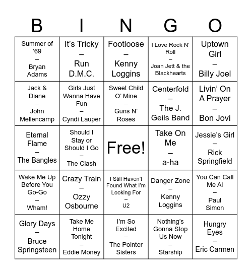 80's Bingo Card