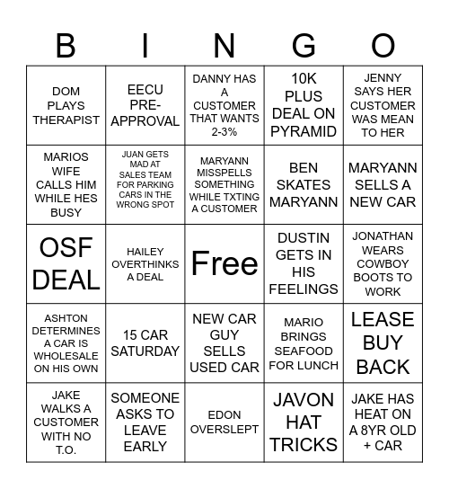 USED CAR BINGO Card