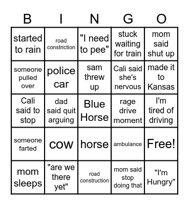 Road Trip Bingo Card