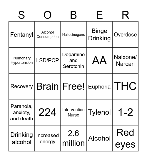 SOBER Bingo Card