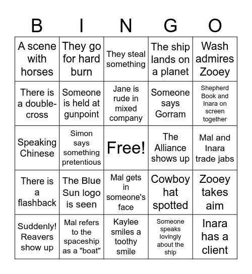 Firefly Bingo Card