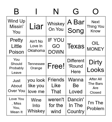 SINGO- Country Hits Bingo Card