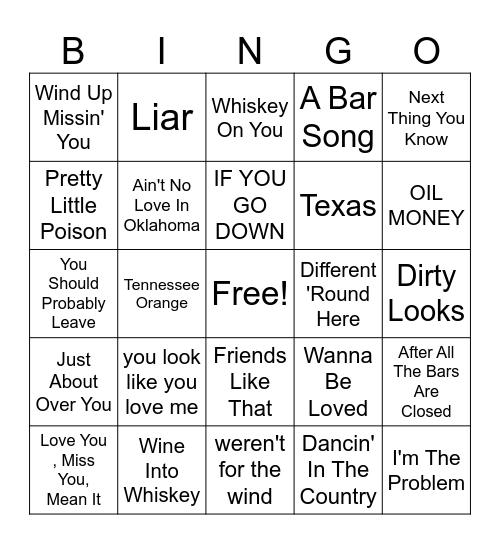 SINGO- Country Hits Bingo Card
