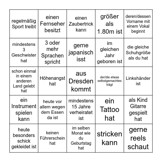 Kennenlern-Bingo: Finde jemand der/die ... Bingo Card