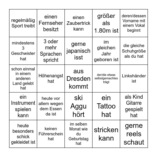 Kennenlern-Bingo: Finde jemand der/die ... Bingo Card