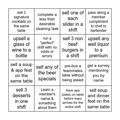 Seven Bingo | server/bartender Bingo Card