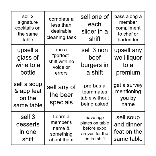 Seven Bingo | server/bartender Bingo Card