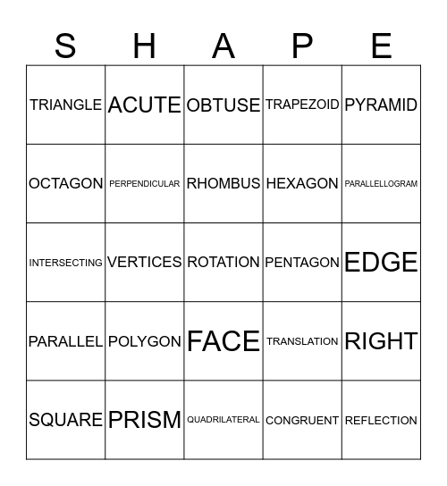 GEOMETRY BINGO Card