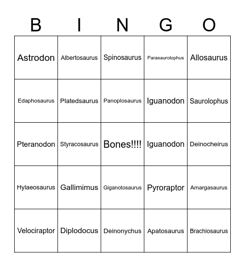 Name that Dino!!! Bingo Card