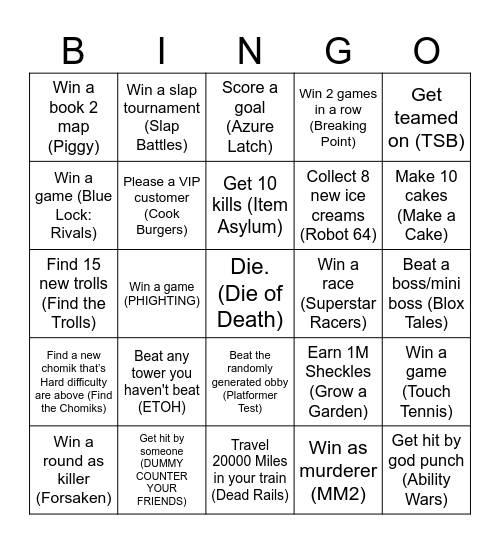 Roblox Games Bingo Card