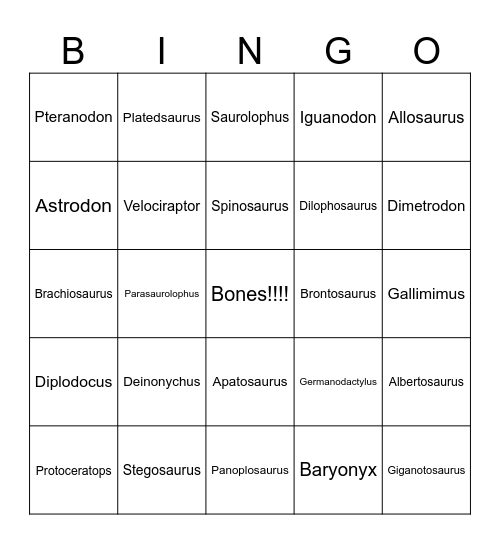 Name that Dino!!! Bingo Card