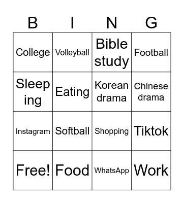 Daily life Bingo Card