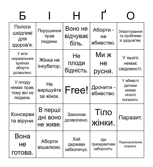 Pro-Choise БІНҐО Bingo Card