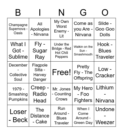 90s Alternative Bingo Card
