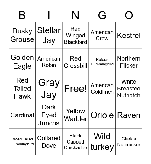 Colorado Bird Bingo Card